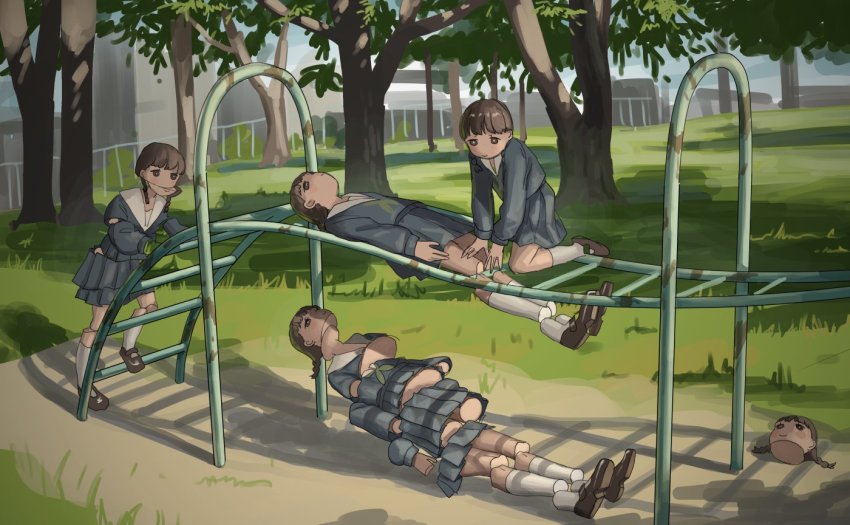 5girls black_hair blouse blue_serafuku blue_skirt climbing disembodied_head expressionless grass loafers low_twin_braids multiple_girls original outdoors playground pleated_skirt sailor_collar school_uniform serafuku shadow shirt shoes skirt smile socks tensen_(dotted_line) tree twin_braids what white_sailor_collar white_socks