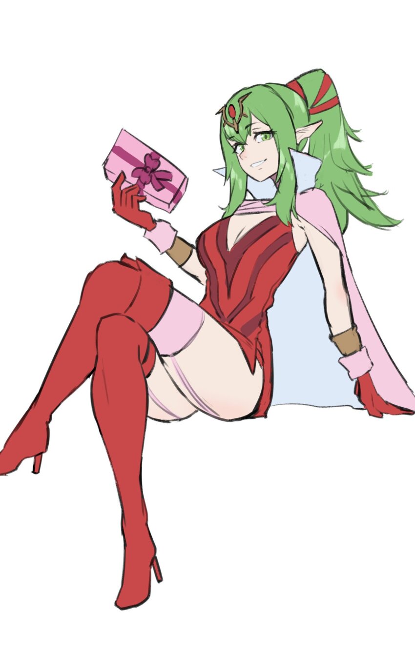 1girl boots box breasts cape cleavage commentary crossed_legs dress english_commentary fire_emblem fire_emblem_awakening garter_straps gift gift_box gloves green_eyes green_hair grimmelsdathird grin high_heel_boots high_heels highres holding holding_gift long_hair looking_at_viewer medium_breasts nintendo pink_cape pink_thighhighs pointy_ears ponytail red_boots red_dress red_gloves short_dress sitting smile solo thigh_boots thighhighs tiki_(adult)_(fire_emblem) tiki_(fire_emblem) white_background