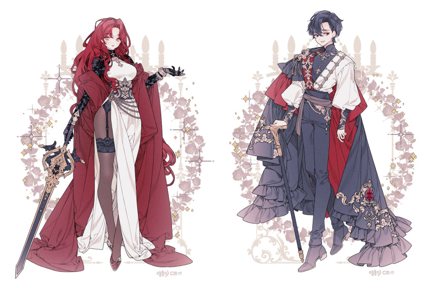 1boy 1girl black_cape black_eyes black_footwear black_hair black_leggings black_pants bracelet breasts brown_sash cane cape collage dress embroidery eyeliner eyeshadow fashion floral_background flower_wreath full_body girdle gold_bracelet high_heels holding holding_cane holding_sword holding_weapon jewelry large_breasts leggings lemon89h long_hair looking_at_viewer makeup original pants parted_bangs purple_eyes red_eyeliner red_eyeshadow red_footwear red_hair red_shawl shawl shirt short_hair sidelocks slit_pupils sword very_long_hair wavy_hair weapon white_dress white_shirt wrist_cuffs
