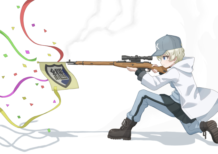 absurdres aiming ankle_boots baseball_cap black_boots black_skirt blue_eyes blue_hat blue_jacket blue_pants boots closed_mouth coat commentary confetti emblem flag from_side girls_und_panzer gun hat highres holding holding_gun holding_weapon hood hooded_coat jacket keizoku_(emblem) keizoku_military_uniform light_frown long_sleeves military_uniform miniskirt on_one_knee open_clothes open_coat pants pants_under_skirt pleated_skirt qgkmn541 rifle shadow short_hair simple_background single_vertical_stripe skirt streamers track_jacket track_pants weapon white_background white_coat white_hair youko_(girls_und_panzer)