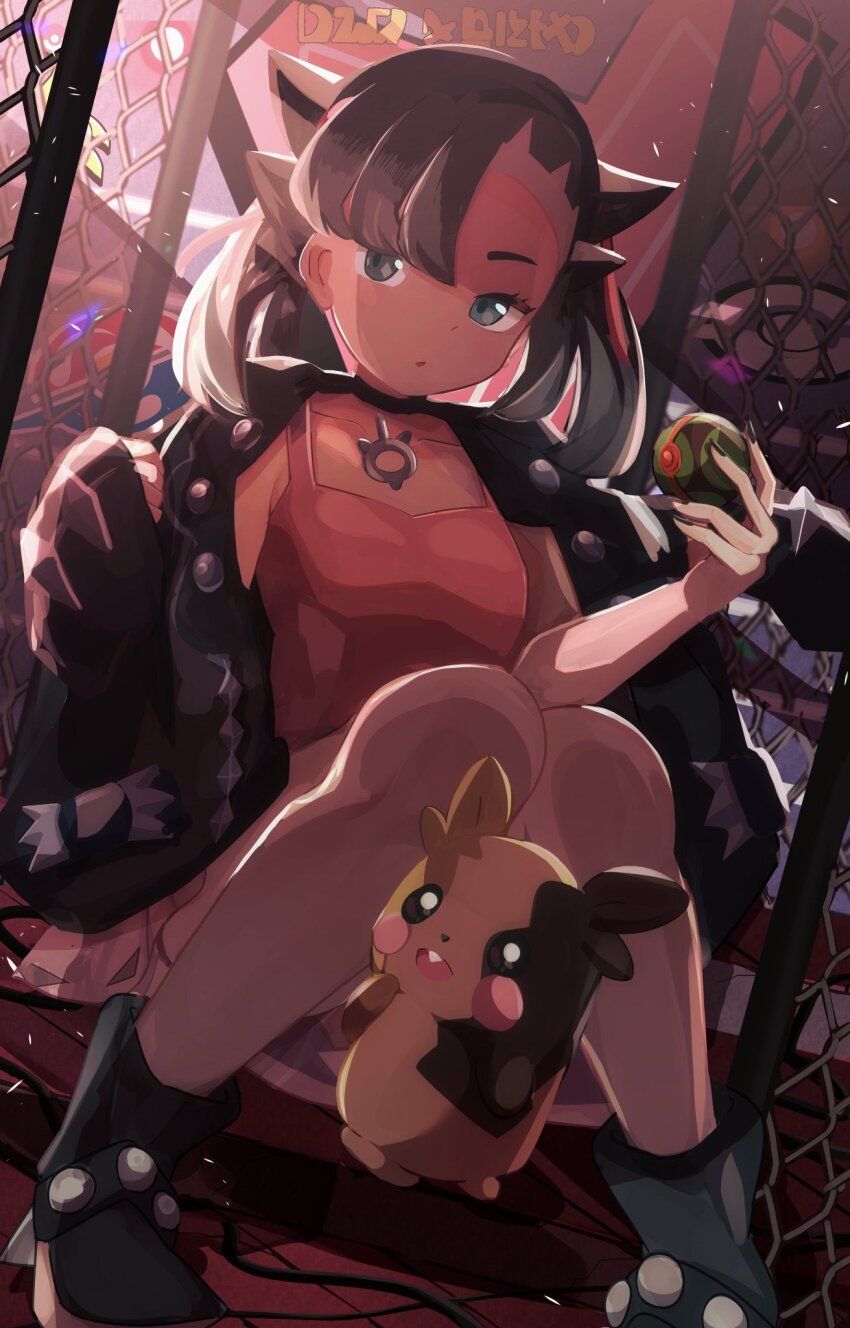 1girl :o ankle_boots aqua_eyes asymmetrical_bangs asymmetrical_hair black_boots black_choker black_hair black_jacket black_nails boots breasts choker collarbone dress dusk_ball dutch_angle eyebrows_hidden_by_hair eyelashes fingernails gen_8_pokemon hair_over_one_eye hair_ribbon highres holding holding_poke_ball jacket jewelry knees knees_together_feet_apart long_sleeves looking_to_the_side marnie_(pokemon) medium_hair morpeko morpeko_(full) nail_polish nintendo open_clothes open_jacket parted_lips pink_dress poke_ball pokemon pokemon_(creature) pokemon_swsh red_ribbon ribbon sitting small_breasts solo twintails umiru undercut