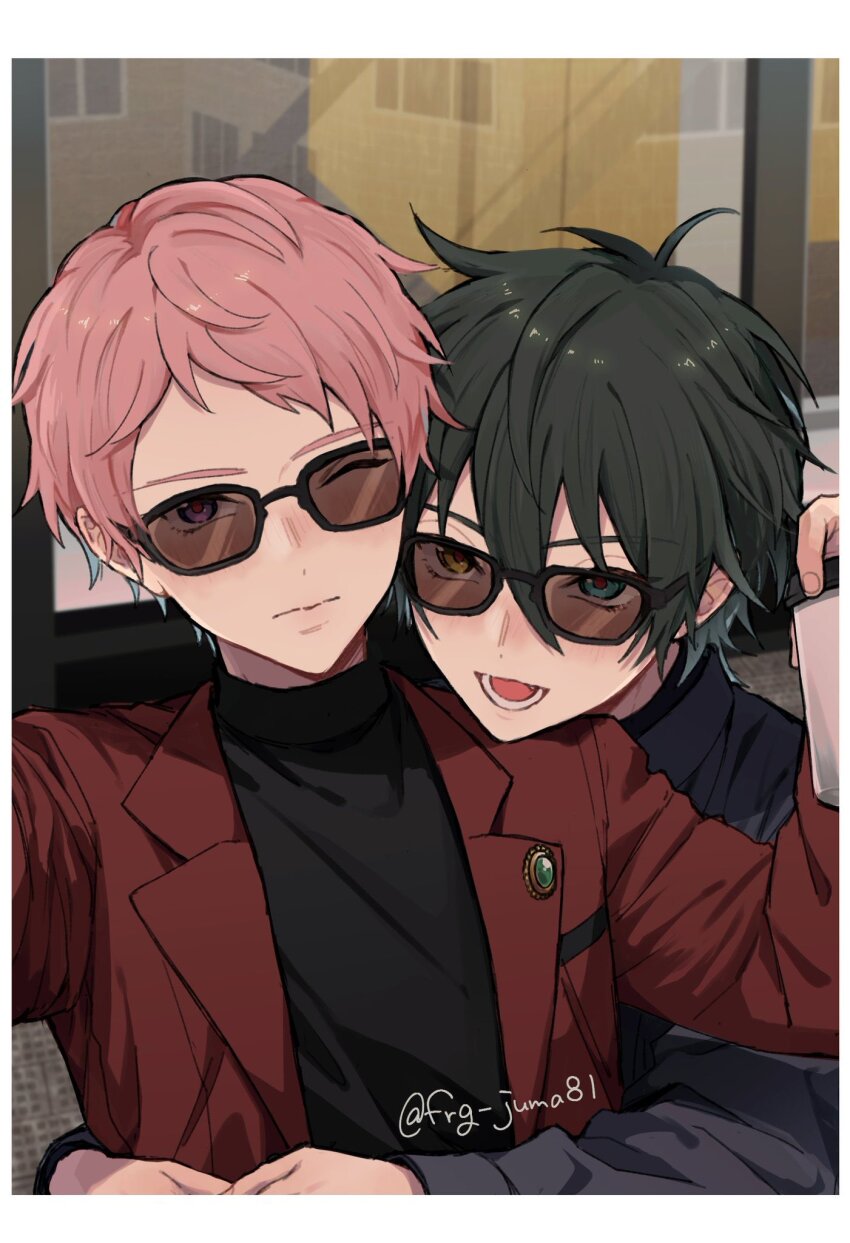 2boys black_hair black_sweater blazer blue_eyes closed_mouth commentary_request ensemble_stars! hair_between_eyes head_on_another&#039;s_shoulder heterochromia highres holding hug hug_from_behind itsuki_shu jacket juma_(wolf81gizinka) kagehira_mika lapels long_sleeves looking_at_another looking_at_viewer lower_teeth_only male_focus multiple_boys notched_lapels one_eye_closed open_clothes open_jacket open_mouth pink_hair short_bangs short_hair sunglasses sweater teeth turtleneck turtleneck_sweater twitter_username upper_body valkyrie_(ensemble_stars!) window yaoi yellow_eyes