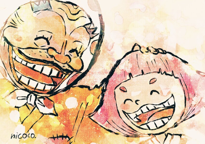 1boy 1girl ^_^ blush_stickers bob_cut child close-up closed_eyes commentary_request father_and_daughter furol_nicoco hand_on_another&#039;s_head headscarf highres japanese_clothes kimono one_piece orange_kimono pink_hair shimotsuki_yasuie short_eyebrows signature smile toko_(one_piece) upper_body