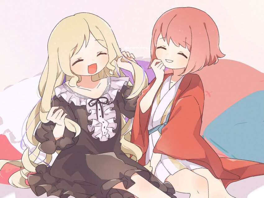 2girls :d ^_^ black_dress black_ribbon blonde_hair closed_eyes commentary dress elise_(fire_emblem) fire_emblem fire_emblem_fates frilled_dress frills highres japanese_clothes kimono long_hair multiple_girls nintendo open_mouth red_hair red_kimono ribbon sakura_(fire_emblem) short_hair sitting smile sorane_amus symbol-only_commentary