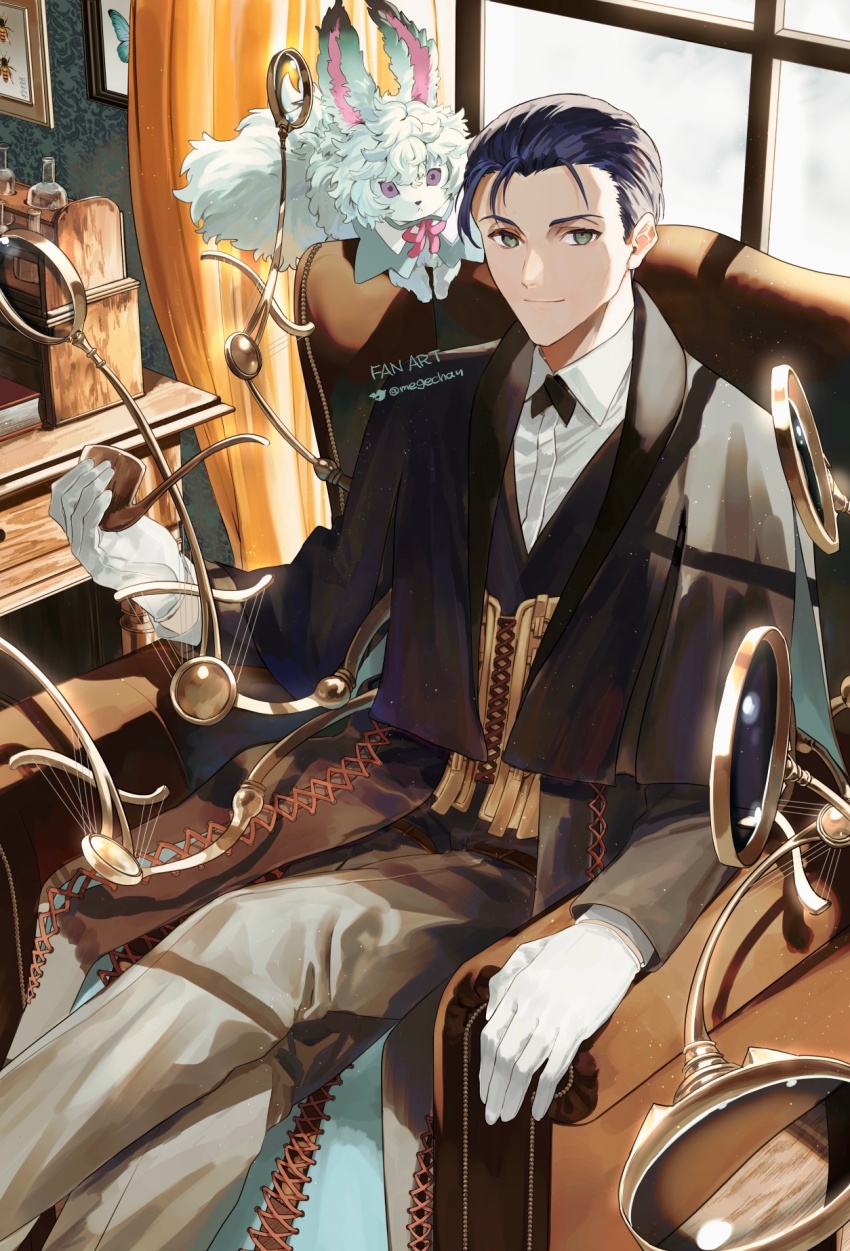 1boy black_hair black_pants chair closed_mouth collared_shirt commentary_request creature facial_hair fate/grand_order fate_(series) feet_out_of_frame formal_clothes fou_(fate) gloves green_eyes highres holding holding_smoking_pipe jacket light_particles light_smile long_sleeves looking_at_viewer magnifying_glass male_focus mege_(megechan) pants purple_eyes sherlock_holmes_(fate) shirt short_hair sitting smile smoking_pipe solo suit sunlight twitter_username white_gloves white_shirt