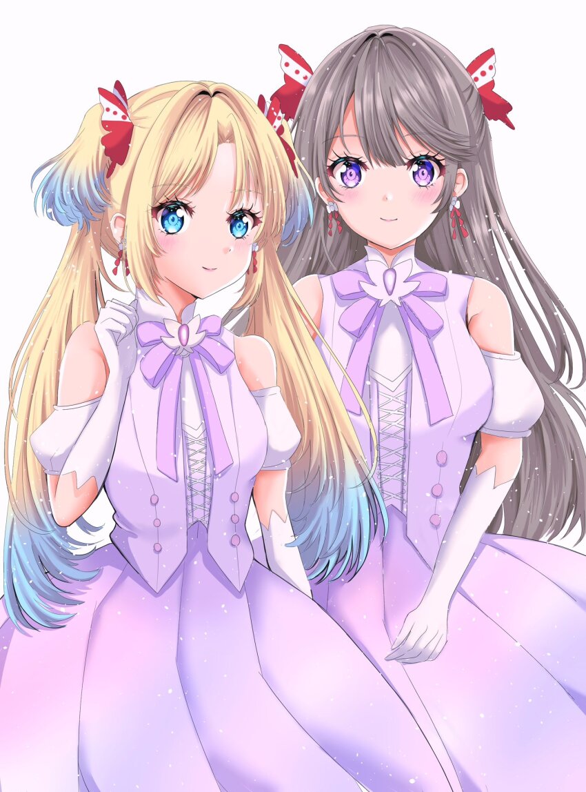 2girls aurora_flower_(love_live!) bare_shoulders blonde_hair blue_eyes blue_hair blush brown_hair butterfly_hair_ornament closed_mouth clothing_cutout commentary commentary_typo cross-laced_clothes cross-laced_top elbow_gloves fujishima_megumi gloves gradient_hair hair_intakes hair_ornament highres light_particles link!_like!_love_live! long_hair looking_at_viewer love_live! maymaru multicolored_hair multiple_girls neck_ribbon osawa_rurino parted_bangs pleated_skirt puffy_short_sleeves puffy_sleeves purple_eyes purple_ribbon purple_shirt purple_skirt ribbon shirt short_sleeves shoulder_cutout simple_background skirt smile split_mouth twintails two_side_up virtual_youtuber white_background white_gloves
