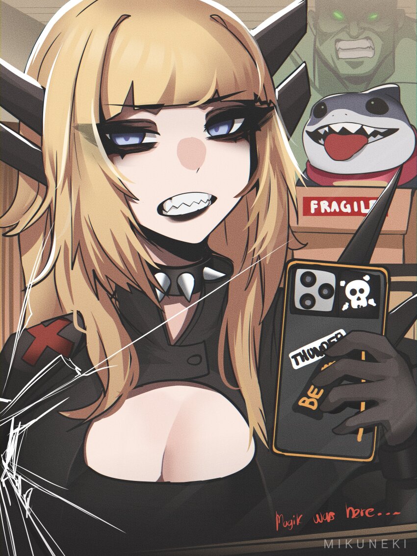 1girl absurdres artist_name blonde_hair blue_eyes box breasts cellphone cleavage cleavage_cutout clothing_cutout collar gloves highres holding holding_phone hulk jeff_(marvel) long_hair looking_at_viewer magik_(x-men) marvel marvel_rivals mikuneki mirror mirror_selfie phone punk selfie shark smartphone spiked_collar spikes x-men