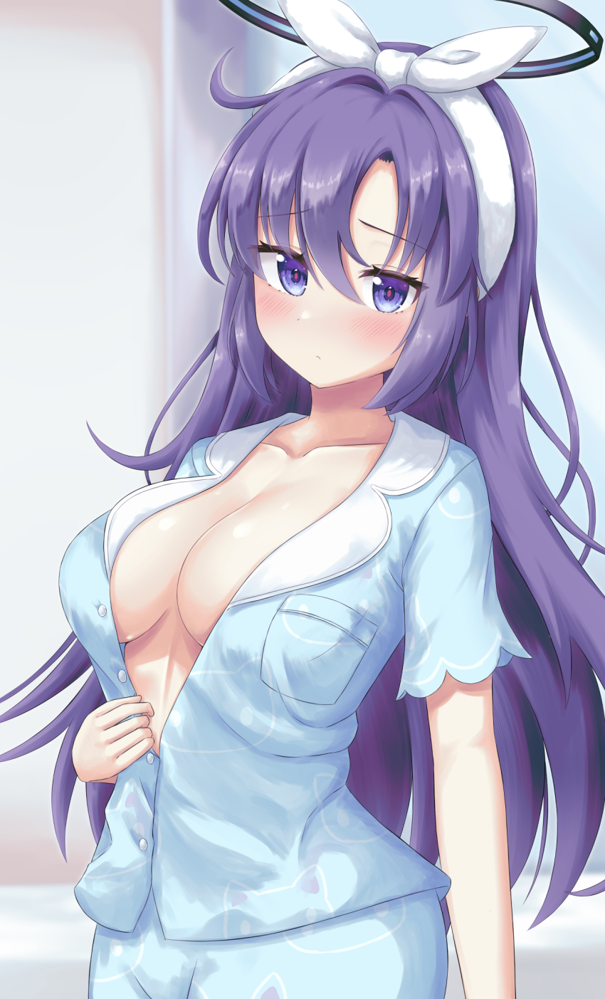 1girl :&lt; blue_archive blue_pajamas blurry blurry_background blush bow breasts cleavage closed_mouth collarbone commentary_request cowboy_shot eyelashes eyes_visible_through_hair hair_between_eyes hair_bow hair_down halo highres indoors large_breasts long_hair looking_at_viewer mechanical_halo official_alternate_costume official_alternate_hairstyle pajamas partially_unbuttoned purple_eyes purple_hair red_pupils short_sleeves shy solo undressing very_long_hair white_bow yuuka_(blue_archive) yuuka_(pajamas)_(blue_archive) yuunagi_(yunagi1373)