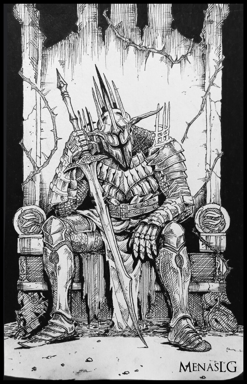 1boy absurdres arm_on_knee armor armored_boots artist_name aurous_(dark_souls) belt black_border boots border breastplate commentary dark_souls_(series) dark_souls_ii full_armor full_body gauntlets greaves greyscale hand_up helmet highres holding holding_sword holding_weapon knight loincloth looking_down male_focus menaslg monochrome pauldrons shoulder_armor sitting sitting_on_throne solo spiked_helmet spiked_pauldrons sword thorns throne weapon