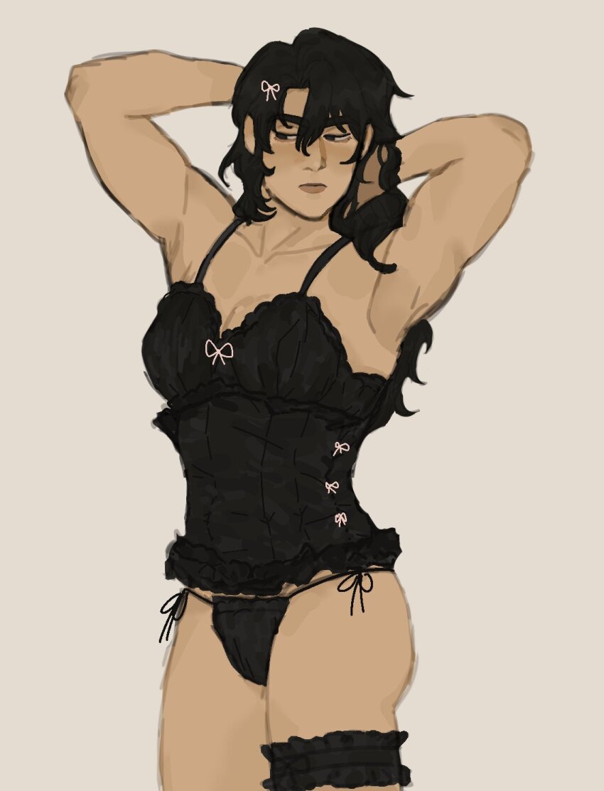 1girl arms_behind_head black_corset black_eyes black_hair bow breasts chest_bow cleavage collarbone corset curly_hair expressionless genderswap genderswap_(mtf) hair_bow highres kkoma94 long_hair omniscient_reader&#039;s_viewpoint side-eyed solo spaghetti_strap thigh_strap thong upper_body yoo_joonghyuk