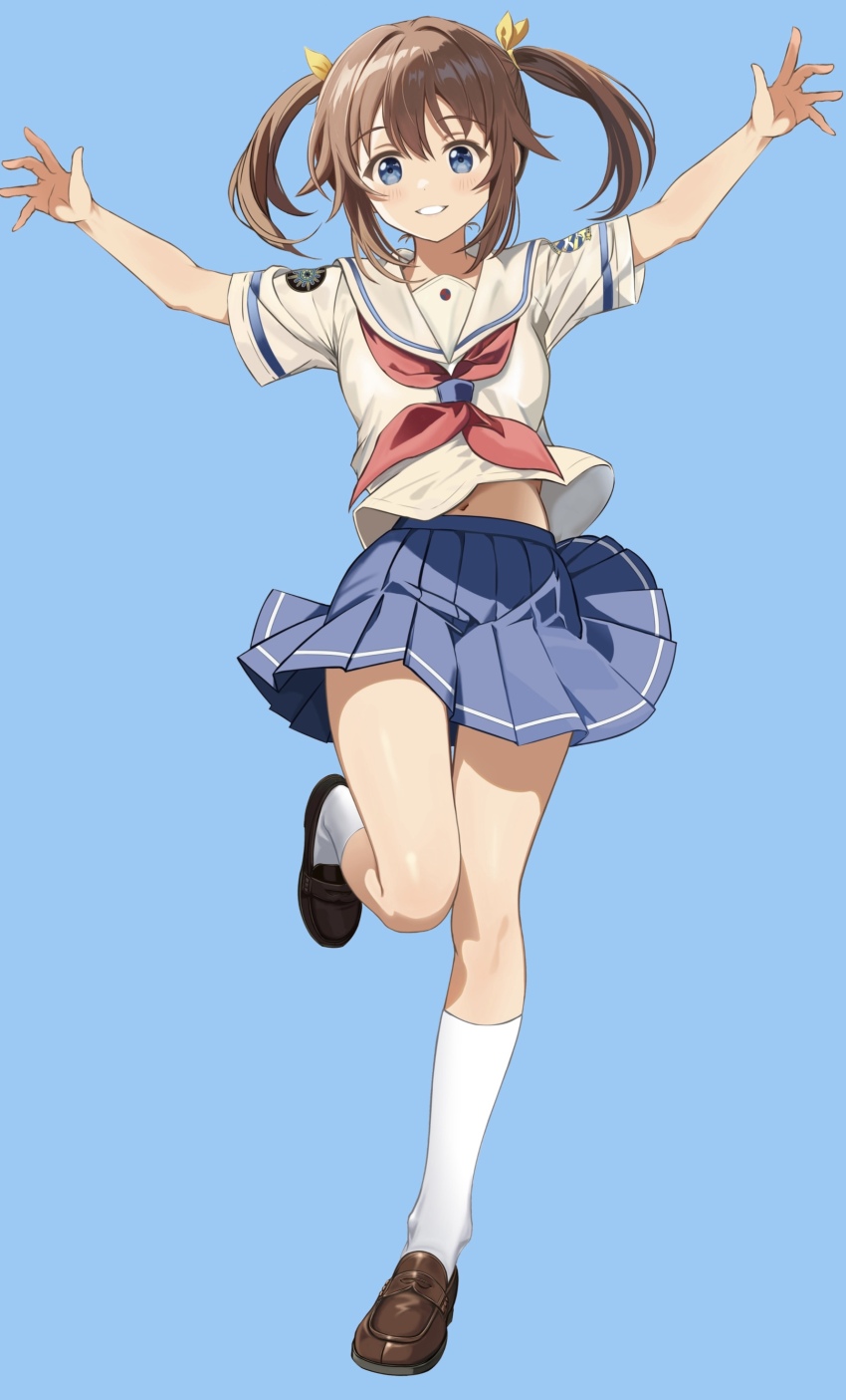 1girl absurdres arms_up blue_background blue_eyes blue_skirt bow brown_hair brown_shoes full_body grin hair_bow high_school_fleet highres kneehighs loafers long_hair looking_at_viewer miniskirt misaki_akeno navel neckerchief pleated_skirt red_neckerchief sailor_collar sailor_shirt school_uniform serafuku shirt shoes short_sleeves simple_background skirt smile socks solo standing standing_on_one_leg stomach twintails white_sailor_collar white_shirt white_socks yellow_bow yokosuka_girls_marine_high_school_uniform zaofeng