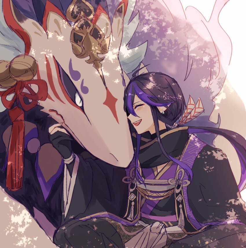 1boy black_hair black_sclera closed_eyes colored_sclera fox gloves highres hitomi_(1qndlbd_kuee) japanese_clothes kurotobi_(p&amp;d) long_hair multicolored_hair open_mouth pointy_ears ponytail purple_hair puzzle_&amp;_dragons sayagata streaked_hair