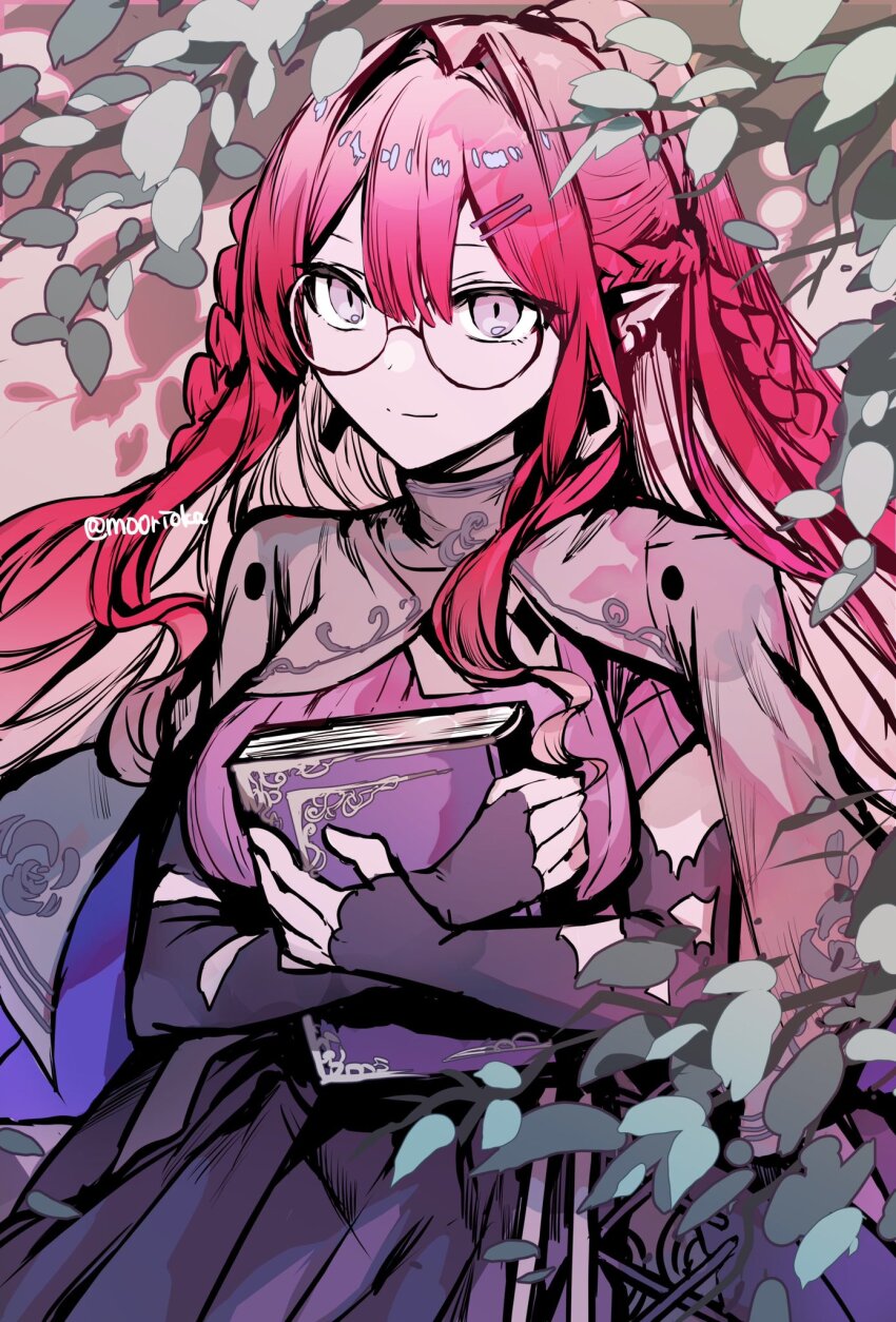 1girl baobhan_sith_(fate) baobhan_sith_(swimsuit_pretender)_(second_ascension)_(fate) black_skirt book braid branch breasts capelet detached_sleeves earrings fate/grand_order fate_(series) french_braid glasses grey_capelet grey_eyes highres holding holding_book jewelry leaf long_hair long_sleeves looking_at_viewer pink_hair pointy_ears ponytail purple_shirt rioka_(southern_blue_sky) round_eyewear shirt skirt smile solo twitter_username
