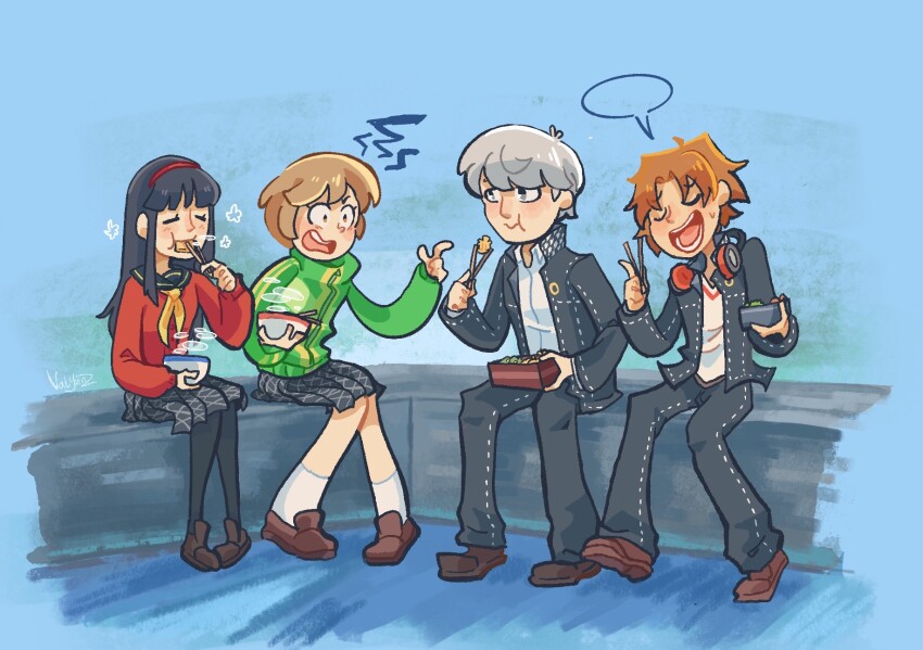 2boys 2girls ^_^ amagi_yukiko black_hair black_jacket black_pants black_pantyhose black_sailor_collar black_skirt bowl brown_hair brown_shoes chopsticks closed_eyes commentary eating english_commentary food full_body green_jacket hairband hanamura_yousuke headphones headphones_around_neck highres holding holding_bento holding_bowl holding_chopsticks jacket loafers long_hair multiple_boys multiple_girls narukami_yu neckerchief open_mouth pants pantyhose persona persona_4 pointing pointing_at_another red_hairband red_shirt sailor_collar satonaka_chie shirt shoes short_hair sitting skirt socks speech_bubble steam track_jacket valynnz white_hair white_shirt white_socks yellow_neckerchief