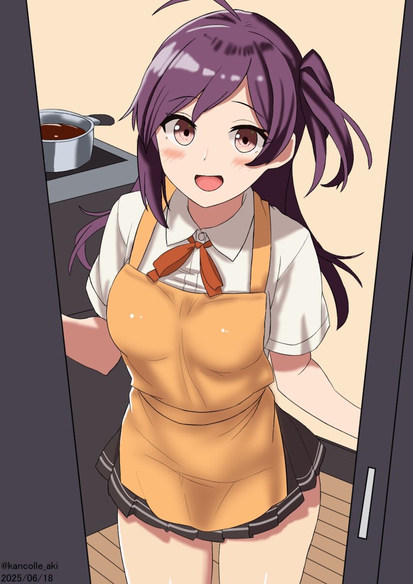 1girl ahoge akkun_teitoku apron black_skirt brown_eyes collared_shirt cooking_pot cowboy_shot door dress_shirt hagikaze_(kancolle) highres kantai_collection looking_at_viewer one-hour_drawing_challenge one_side_up open_mouth orange_apron purple_hair shirt skirt smile solo white_shirt