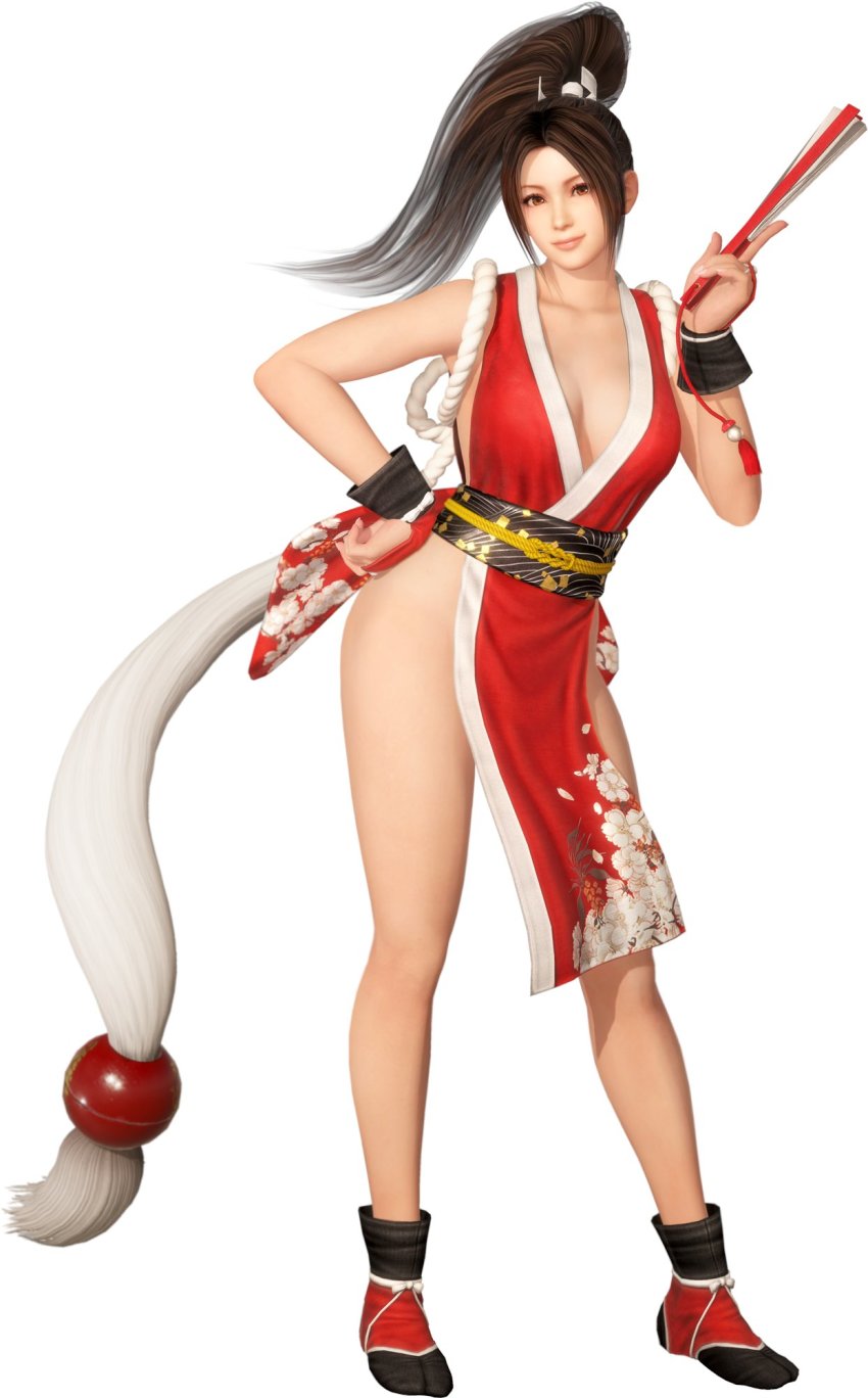 1girl 3d bare_shoulders breasts cleavage closed_mouth collarbone dead_or_alive dead_or_alive_6 fatal_fury floral_print folded_fan folding_fan full_body hand_fan hand_on_own_hip high_ponytail highres holding japanese_clothes lips looking_at_viewer medium_breasts ninja obi official_art parted_bangs pelvic_curtain ponytail revealing_clothes rope sash shiranui_mai simple_background sleeveless smile solo standing the_king_of_fighters thighs white_background