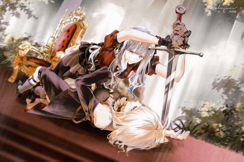 2girls bang_dream! bang_dream!_it&#039;s_mygo!!!!! black_dress black_shoes blonde_hair blue_hair breasts chair commentary_request doloris_(bang_dream!) dress garter_straps grey_socks hand_on_another&#039;s_cheek hand_on_another&#039;s_face highres holding holding_sword holding_weapon kneehighs long_hair m10cmdesu medium_breasts medium_hair misumi_uika multiple_girls oblivionis_(bang_dream!) parted_lips purple_eyes red_shirt shirt shoes socks sword togawa_sakiko weapon yellow_brooch yellow_eyes yuri