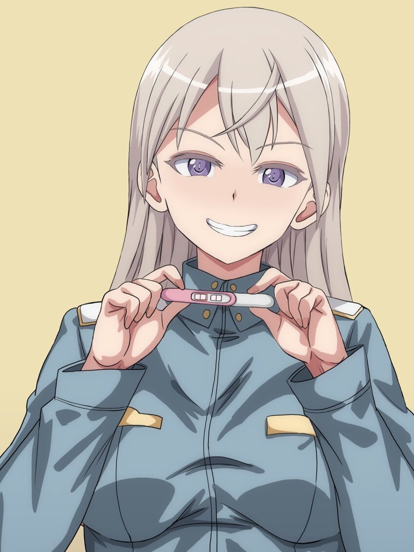1girl arobiro blue_jacket breasts eila_ilmatar_juutilainen happy highres holding implied_pregnancy jacket long_hair looking_at_viewer medium_breasts military military_uniform pregnancy_test simple_background smile solo strike_witches upper_body white_hair world_witches_series yellow_eyes