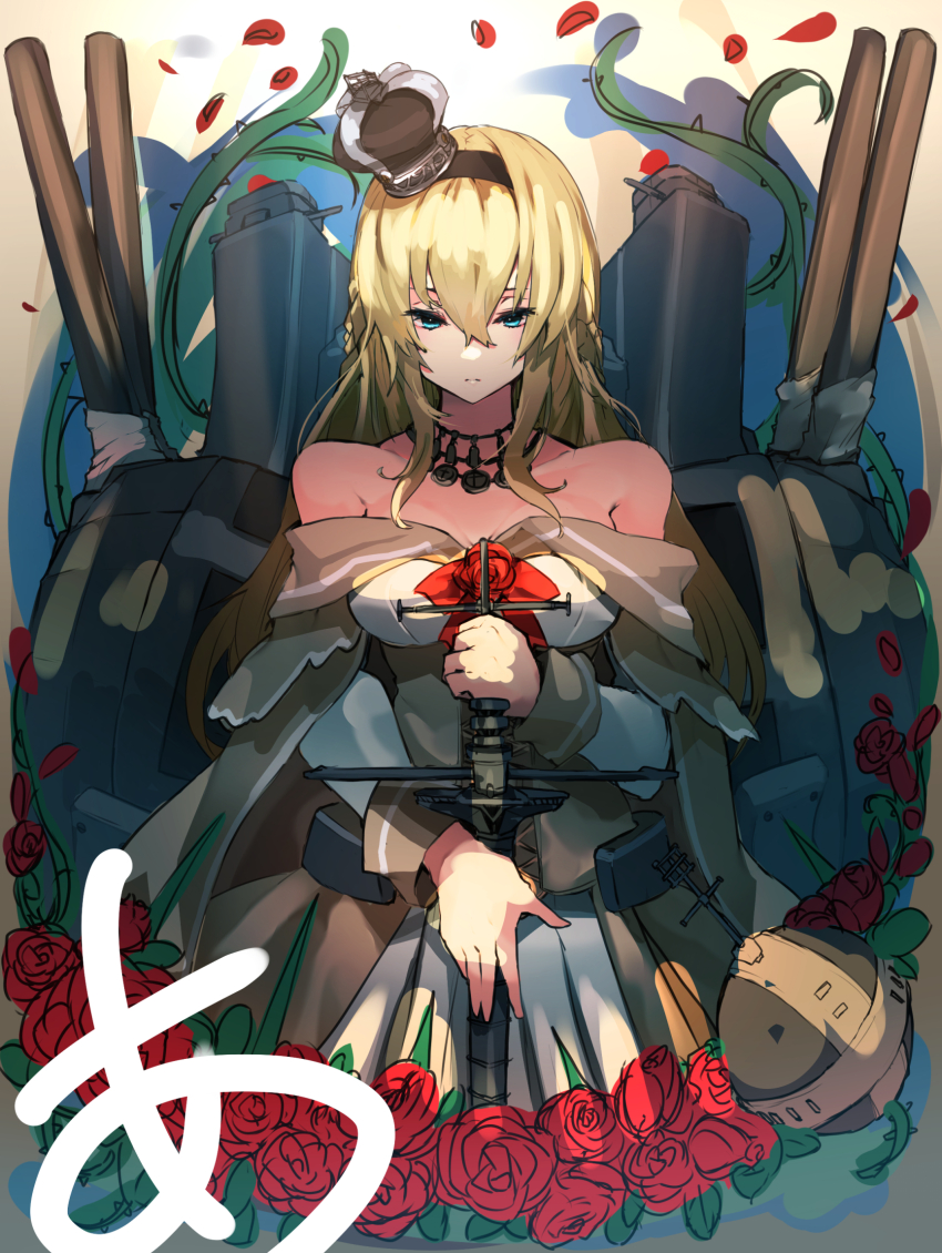 1girl bare_shoulders black_hairband blonde_hair blue_eyes breasts cannon cowboy_shot crown dress flower globus_cruciger hairband highres jewelry kantai_collection long_hair machinery medium_breasts mini_crown necklace off-shoulder_dress off_shoulder red_flower red_ribbon red_rose ribbon rose scepter ship_turret solo sunday_aki warspite_(kancolle) white_dress