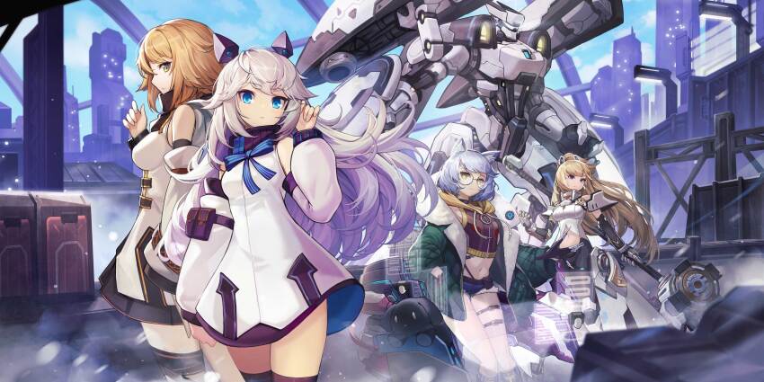 4girls absurdres animal_ears aqua_hair aqua_sky armor artist_request bad_link bare_shoulders belt belt_buckle belt_pouch black_collar black_gloves blonde_eyebrows blonde_hair blue_eyes blue_footwear blue_shorts bolt_(hardware) boots breasts brown_belt buckle buttons circle_print city city_lights closed_mouth cloud cloudy_sky coat collar collared_coat coral_(final_gear) cropped_hoodie detached_sleeves drawstring earrings evelyn_(final_gear) fake_animal_ears final_gear fox_ears frown fur-trimmed_shorts fur_trim game_cg gloves gold_buckle green_coat green_eyes hair_between_eyes hair_ears hair_flaps hair_ornament half_updo high_ponytail highres holding holding_mallet hood hoodie jacket jewelry kneehighs lamppost leg_belt leg_ribbon long_hair long_sleeves looking_at_viewer mallet margaret_(final_gear) mecha mechanical_hands mechanical_legs medium_breasts midriff multicolored_coat multiple_girls navel no_pants official_art open_mouth ponytail pouch puffy_coat puffy_collar red_hoodie ribbon robot round_eyewear short_hair short_shorts shorts shoulder_armor sidelocks sky socks standing striped_clothes striped_ribbon striped_socks stuffed_animal stuffed_toy thigh_ribbon third-party_source two-tone_bodysuit two-tone_coat two-tone_collar veronica_(final_gear) vertical-striped_clothes vertical-striped_socks very_long_hair white_coat white_collar white_hair white_jacket wide_sleeves yellow_hood zipper_pull_tab