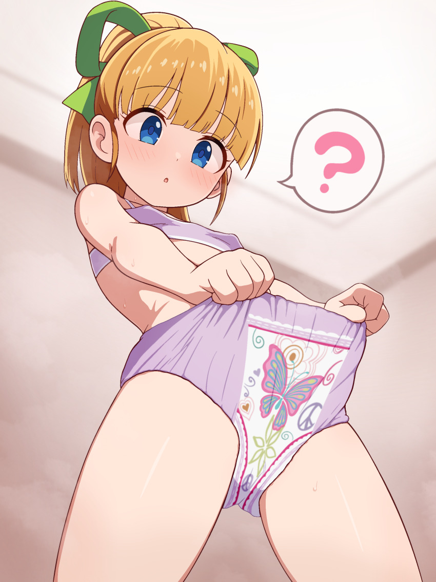 1girl ? absurdres android animal_print bare_shoulders blonde_hair blue_eyes blush bra breasts butterfly_print commission curious floral_print hair_ornament hair_ribbon heart heart_print highres living_room loli looking_down mega_man_(classic) mega_man_(series) mega_man_x_(series) mega_man_x_dive midriff milliani navel open_mouth panties panty_pull peace_symbol pixiv_commission ponytail purple_bra purple_panties ribbon robot_girl roll_(mega_man) shapes small_breasts solo speech_bubble sweat thighs underwear