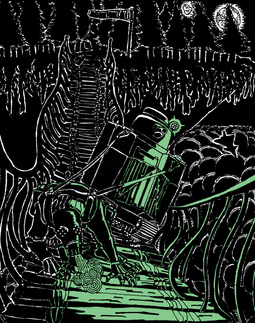 1boy absurdres armor bridge cannon caterpillar_tracks crawling full_moon gas_mask highres ink mask military_vehicle moon motor_vehicle multiple_moons night night_sky original plate_armor railing rifleinfantry rope rope_bridge searchlight shadow sky tank tow_hook tree windsock