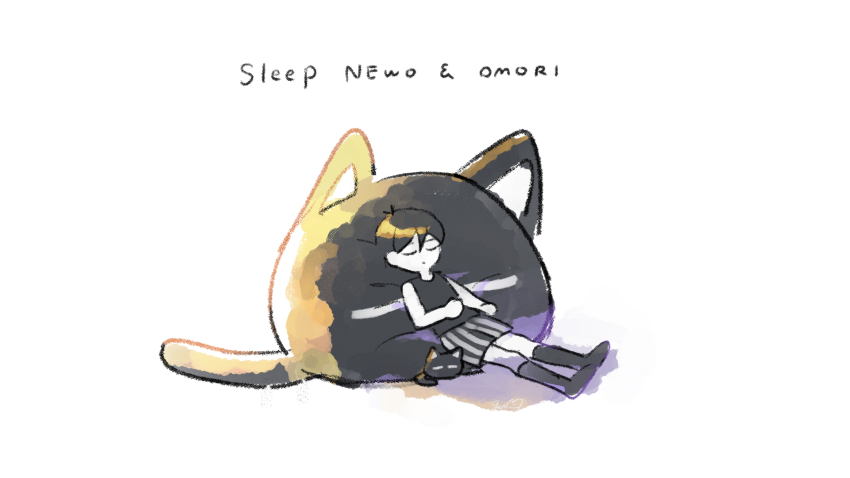 1boy antenna_hair black_hair black_socks black_tank_top cat character_pillow chibi chibi_only closed_eyes closed_mouth colored_skin genk1zam4s highres kneehighs male_focus mewo omori omori_(omori) pillow short_hair shorts simple_background socks solo striped_clothes striped_shorts tank_top typo vertical-striped_clothes vertical-striped_shorts white_background white_skin