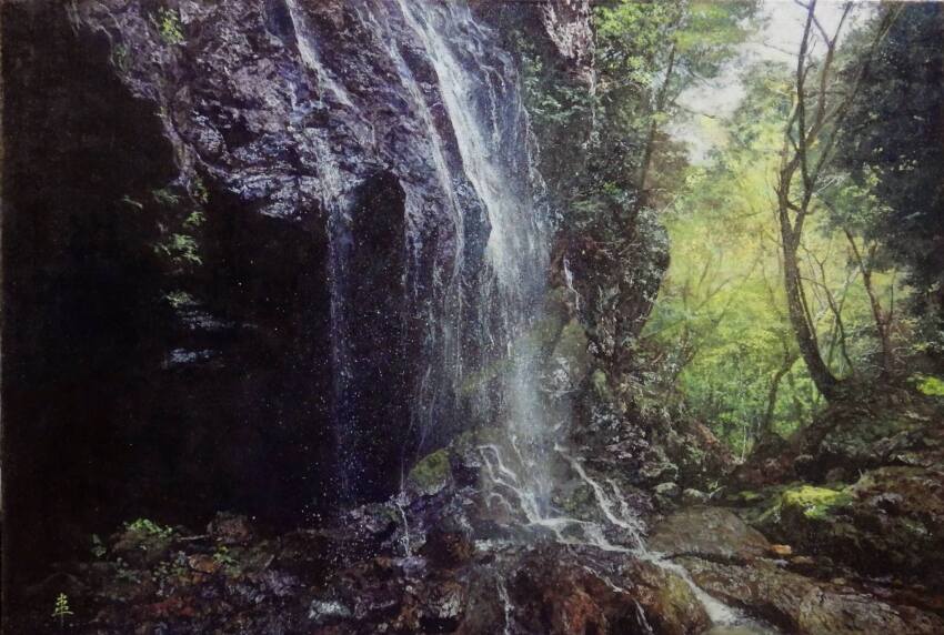 day forest highres hill moss naohiro_ito nature no_humans original painting_(medium) rock scenery sunlight traditional_media tree water watercolor_(medium) waterfall