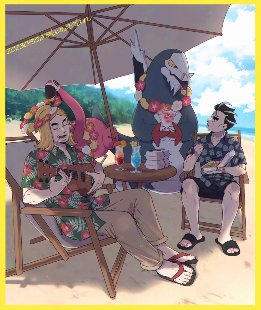 2boys batabiru baxcalibur beach beach_chair beach_umbrella black_hair black_shirt blonde_hair border brown_pants closed_eyes cloud cloudy_sky cup dated drinking_straw flamigo flower flower_wreath food full_body green_shirt grey_hair hassel_(pokemon) hawaiian_shirt highres holding holding_food holding_instrument instrument larry_(pokemon) male_focus male_swimwear mature_male medium_hair multicolored_hair multiple_boys nintendo ocean open_mouth outdoors pants pokemon pokemon_(creature) pokemon_sv print_shirt sand sandals shirt short_hair sitting sky smile streaked_hair swim_trunks table thick_eyebrows twitter_username two-tone_hair umbrella yellow_border