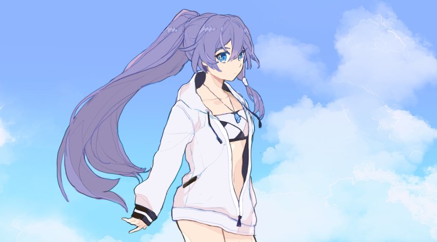 1girl bikini black_hair blue_dress blue_eyes closed_mouth cloud cloudy_sky dress fu_hua highres honkai_(series) honkai_impact_3rd jacket jewelry long_hair long_sleeves looking_at_viewer mogomaco necklace open_clothes open_jacket ponytail sky swimsuit white_bikini white_jacket