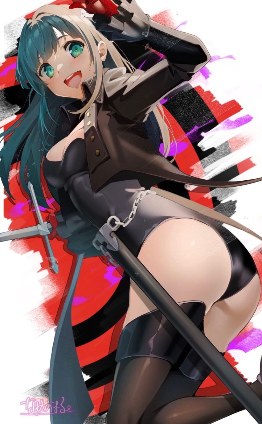 1girl arm_up ass black_choker black_jacket black_leotard black_thighhighs breasts choker commission cosplay frilled_sleeves frills gloves highleg highleg_leotard highres jacket leotard long_hair long_sleeves looking_at_viewer nakano_maru open_clothes open_jacket open_mouth original persona persona_5 persona_5_the_royal red_gloves ribbon skeb_commission smile solo standing thighhighs violet_(persona_5) yoshizawa_kasumi