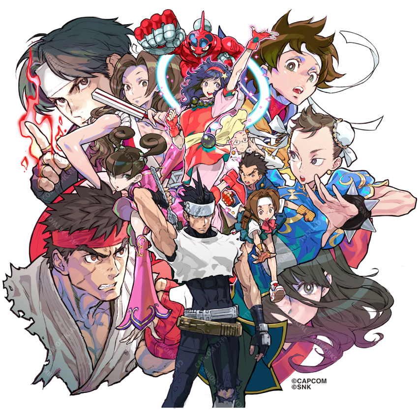 6+boys 6+girls :d :o asamiya_athena black_gloves black_hair bracelet bright_pupils brown_eyes brown_hair bun_cover capcom chun-li clenched_hand commentary_request copyright_notice cropped_shoulders double_bun edward_fokker fatal_fury fingerless_gloves fire frown glasses gloves grey_eyes hair_bun hairband headband highres holding holding_weapon ichimonji_batsu jewelry june_lin_milliam justice_gakuen kagami_kyousuke kanzaki_hayato_(star_gladiator) kasugano_sakura kusanagi_kyou long_hair looking_at_viewer looking_to_the_side multiple_boys multiple_girls nakoruru nishimura_kinu official_art open_mouth purple_hair red_gloves red_hairband red_headband ryu_(street_fighter) samurai_spirits second-party_source shiranui_mai short_hair simple_background smile snk spiked_bracelet spikes star_gladiator street_fighter the_king_of_fighters wakaba_hinata watermark weapon white_background white_headband white_pupils