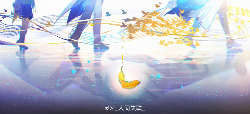 1girl 2boys absurdres black_footwear blue_robe blue_skirt boots buttons character_request chinese_commentary commentary_request dress_shoes feathers flock grey_pants highres honkai:_star_rail honkai_(series) knee_boots light_particles long_sleeves lower_body miniskirt multiple_boys pants puffy_long_sleeves puffy_sleeves reflection reflective_water renjian_shilian ripples robe shirt simple_bird skirt musical_staff sunday_(honkai:_star_rail) two-tone_robe walking walking_on_liquid white_background white_robe white_shirt yellow_bird