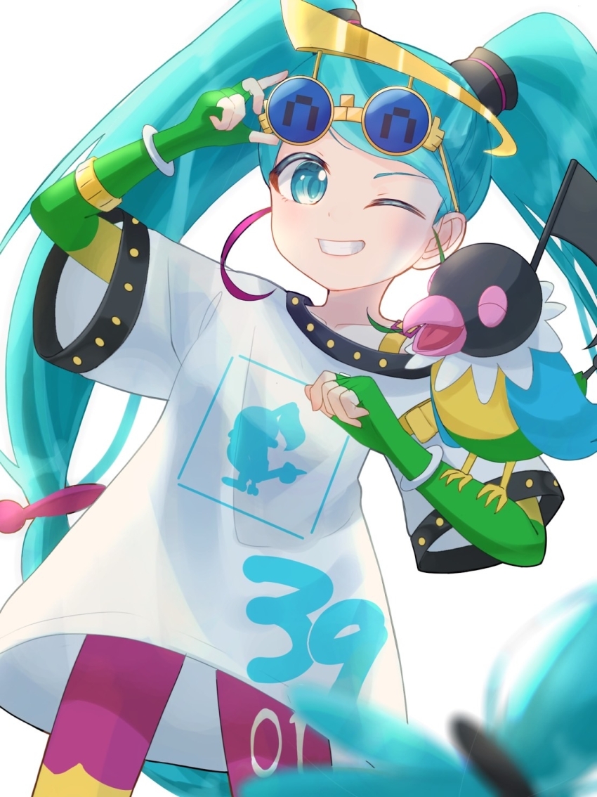 1girl adjusting_eyewear animal_on_arm aqua_eyes aqua_hair bird bird_on_arm blue-tinted_eyewear blurry blush chatot closed_eyes commentary_request eyelashes fingerless_gloves gen_4_pokemon gloves green_gloves hatsune_miku highres long_hair looking_at_viewer nintendo normal_miku_(project_voltage) one_eye_closed open_mouth pokemon pokemon_(creature) pokemon_on_arm project_voltage shirt short_sleeves simple_background smile t-shirt teeth tinted_eyewear twintails very_long_hair vocaloid white_background white_shirt yana_(gsgk0jxuweehcss) yellow-framed_eyewear