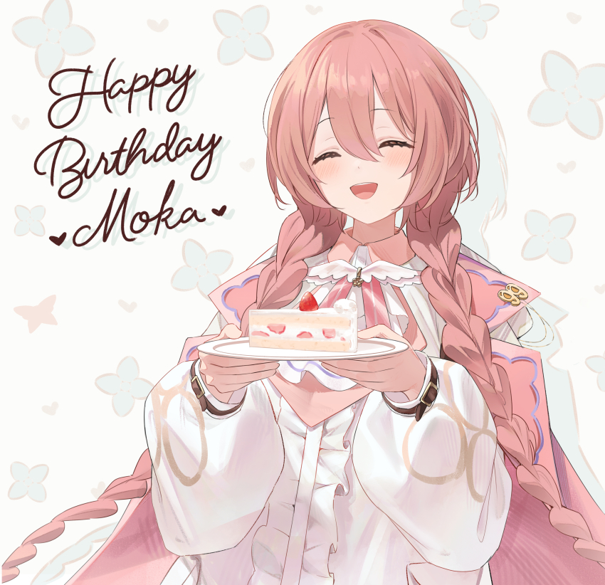 1girl absurdres amayui_moka blush bokuhakiyoshi braid brown_hair cake closed_eyes colored_shadow drop_shadow food happy_birthday highres holding holding_plate open_mouth plate shadow shirt solo strawberry_shortcake teeth twin_braids upper_teeth_only virtual_youtuber vspo! white_shirt