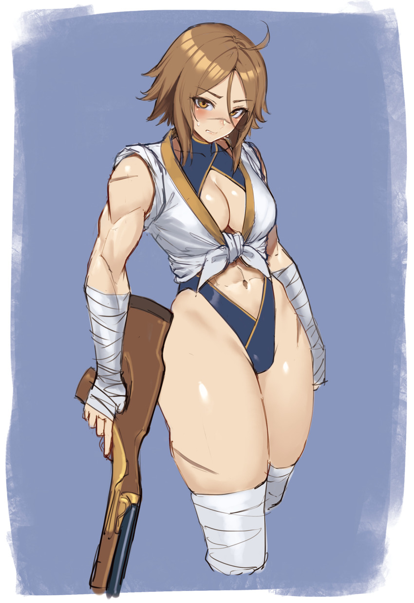1girl abs ahoge bandages bare_shoulders blush breasts brown_eyes brown_hair cleavage fate/grand_order fate_(series) gun hair_between_eyes highres large_breasts looking_at_viewer muscular muscular_female navel parted_bangs ranma_(kamenrideroz) rifle scar scar_on_face scar_on_nose short_hair solo sugitani_zenjubou_(fate) thighs weapon