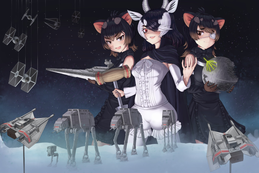 3girls absurdres animal_ears australian_devil_(kemono_friends) batten_japari_dan black_hair blackbuck_(kemono_friends) blush brown_eyes brown_gloves brown_hair death_star eyepatch fang gloves gradient_hair hair_over_one_eye highres horns kemono_friends kemono_friends_3 looking_at_viewer multicolored_hair multiple_girls neukkom open_mouth ponytail red_eyes short_hair short_ponytail shorts smile snow star_wars tasmanian_devil_(kemono_friends) tie_fighter white_hair white_shorts