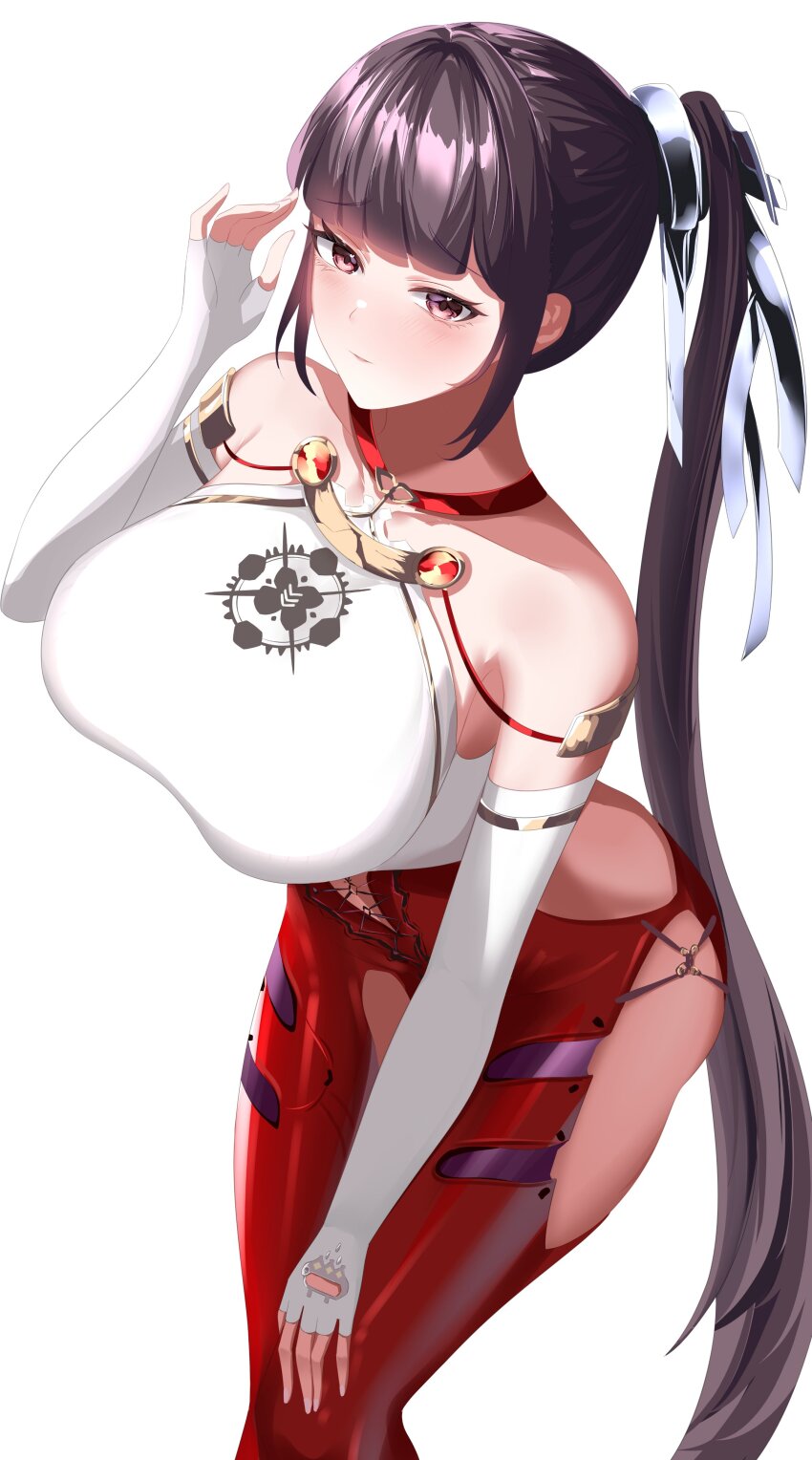 1girl absurdly_long_hair absurdres alternate_breast_size black_hair bodysuit breasts elbow_gloves eve_(neurolink_suit)_(nikke) eve_(stellar_blade) fingerless_gloves gloves goddess_of_victory:_nikke highres huge_breasts long_hair official_alternate_costume ponytail shift_up solo stellar_blade very_long_hair white_background wilhelmina_bd2