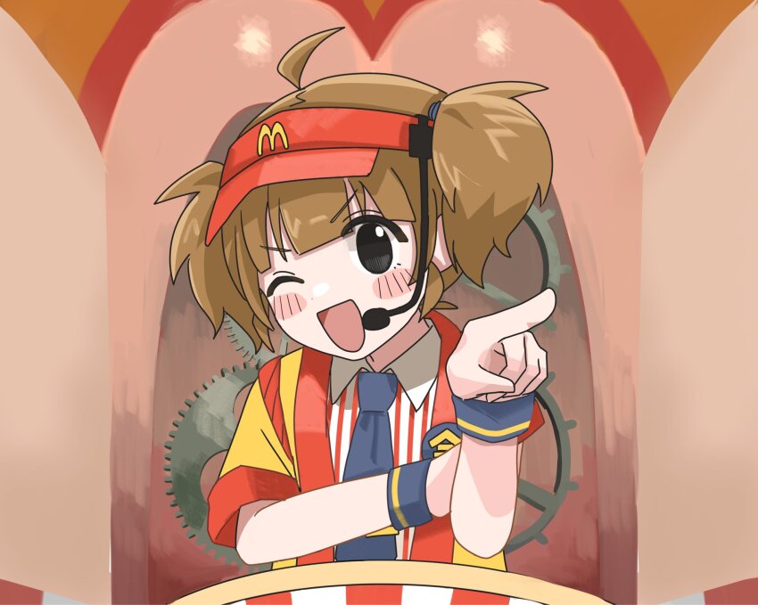 1girl ahoge badge black_eyes blue_necktie blunt_bangs blush brown_hair gears hat headset highres imadake_dabuchi_tabemi looking_at_viewer mcdonald&#039;s necktie one_eye_closed open_mouth pointing pointing_at_viewer red_hat shirt smile solo striped_clothes striped_shirt torotoro_no twintails v-shaped_eyebrows vertical-striped_clothes vertical-striped_shirt visor_cap white_shirt wristband yellow_happi