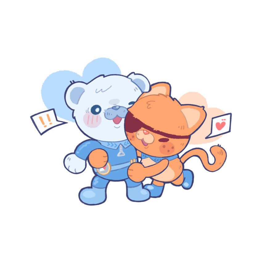 ! !! :3 :d animal_ears animal_hands animal_nose bear_boy bear_ears belt blue_belt blue_bodysuit blue_boots blush blush_stickers bodysuit boots captain_barnacles cat_boy cat_ears cat_tail commentary compass english_commentary eyepatch full_body furry furry_male guiluo29_bo heart highres hug kwazii_(the_octonauts) looking_at_another male_focus no_headwear one_eye_closed open_mouth orange_fur orange_hair simple_background smile spoken_heart standing tail the_octonauts white_background white_fur white_hair yaoi zipper