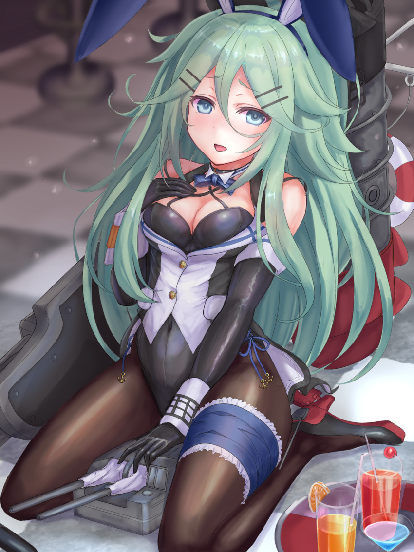 1girl adapted_costume animal_ears aqua_eyes black_gloves black_leotard blush breasts brown_pantyhose buttons checkered_floor cleavage cup drink drinking_glass drinking_straw em_s fake_animal_ears gloves green_hair highres kantai_collection leotard long_hair machinery medium_breasts open_mouth pantyhose playboy_bunny rabbit_ears rigging rudder_footwear ship_turret smokestack solo yamakaze_(kancolle)