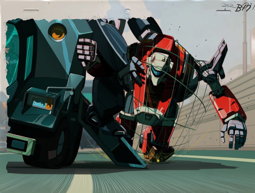 1980s_(style) 1boy absurdres anime_screenshot assault_visor cel garland_(megazone_23) highres kotobuki_tsukasa looking_to_the_side mecha megazone_23 motion_lines motor_vehicle official_art oldschool open_hand production_art retro_artstyle road robot scan science_fiction shadow sky sparks truck