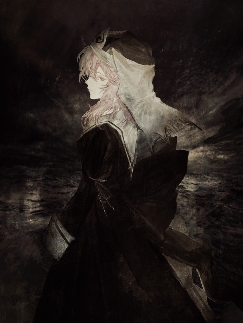 1girl absurdres alternate_costume black_dress black_theme chinese_commentary closed_mouth commentary_request cowboy_shot dress hair_between_eyes hat highres koumajou_densetsu long_hair long_sleeves looking_at_viewer looking_back mob_cap muted_color pink_eyes pink_hair saigyouji_yuyuko smile solo touhou triangular_headpiece xbsx