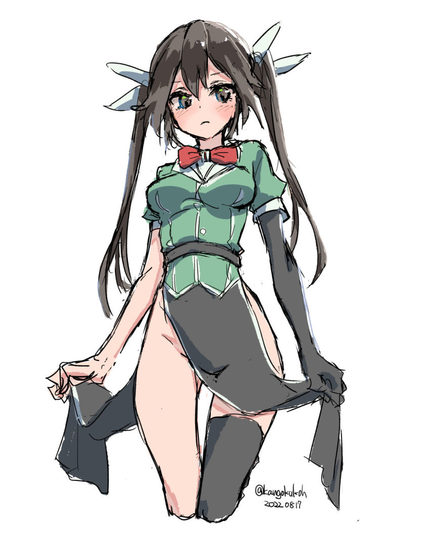 1girl black_thighhighs brown_hair cowboy_shot dated elbow_gloves gloves green_shirt hair_between_eyes hair_ribbon highres kangoku_kou kantai_collection long_hair looking_at_viewer no_panties one-hour_drawing_challenge pelvic_curtain ribbon shirt side_slit simple_background single_elbow_glove single_thighhigh solo thighhighs tone_(kancolle) tone_kai_ni_(kancolle) twintails twitter_username white_background white_ribbon