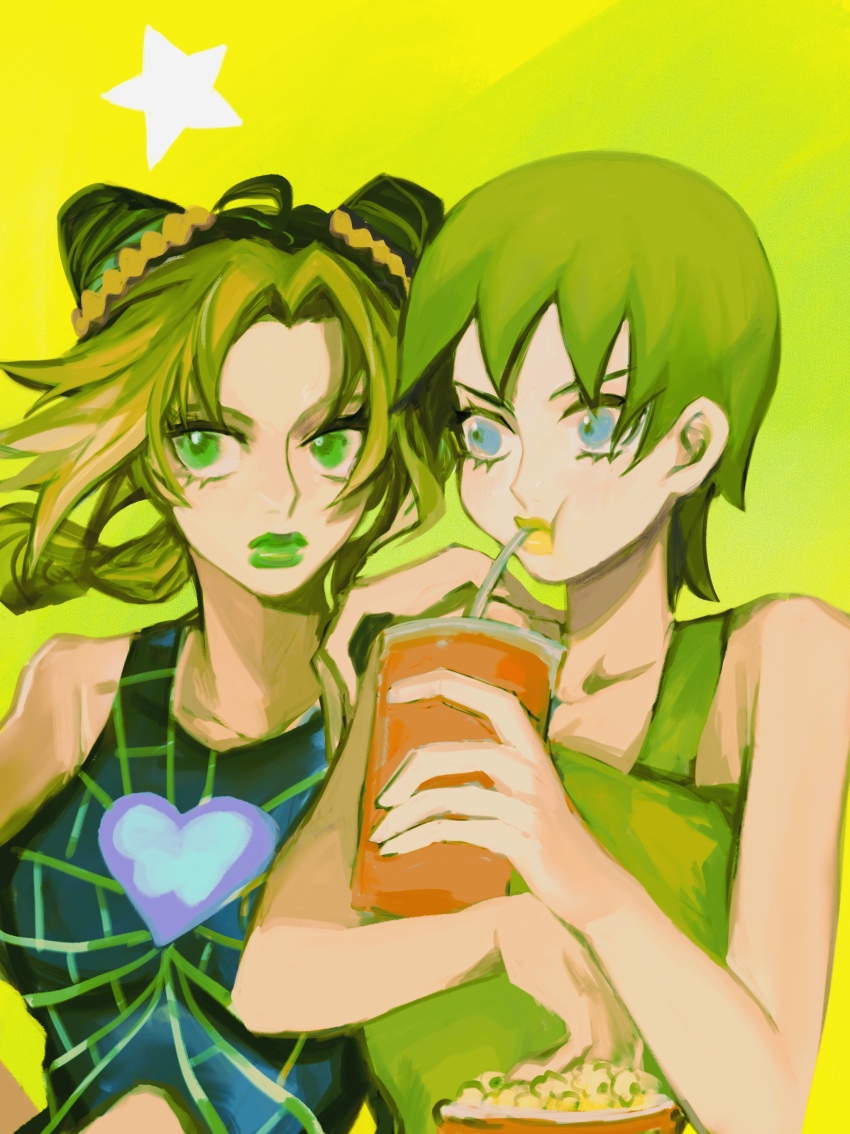 2girls 8h_kt absurdres blue_eyes bun_with_braided_base commentary cup disposable_cup double_bun drinking_straw foo_fighters_(jojo) food green_hair green_lips hair_bun highres jojo_no_kimyou_na_bouken kuujou_jolyne multicolored_hair multiple_girls popcorn short_hair spider_web_print star_(symbol) stone_ocean two-tone_hair
