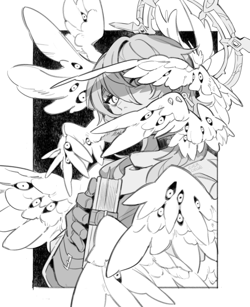 1boy book border commentary empty_eyes english_commentary evercelle extra_eyes feathered_wings gloves greyscale halo highres holding holding_book honkai:_star_rail honkai_(series) looking_at_viewer male_focus monochrome multiple_wings scarf shaded_face short_hair solo sunday_(honkai:_star_rail) wings