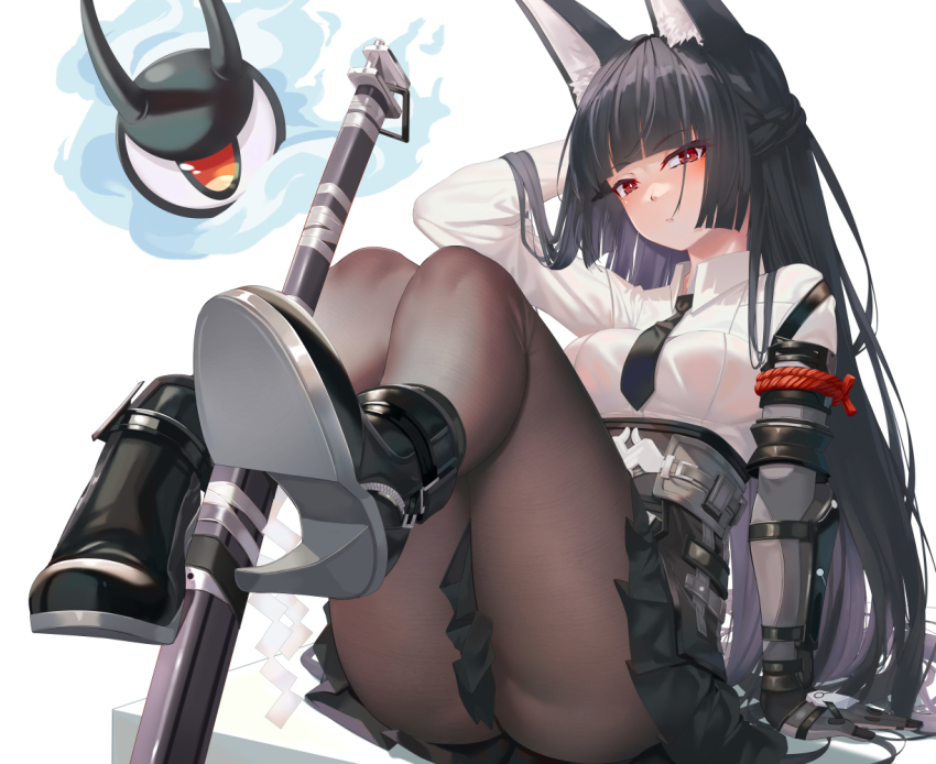 1girl animal_ear_fluff animal_ears aoi_(buzhuen444) barefoot black_hair black_necktie black_pantyhose black_skirt blunt_bangs boots breasts closed_mouth feet fox_ears fox_girl gloves high_heel_boots high_heels hoshimi_miyabi katana long_hair looking_at_viewer medium_breasts necktie pantyhose pleated_skirt red_eyes shirt sitting skirt sword tailless_(zenless_zone_zero) thighs weapon white_background white_shirt zenless_zone_zero