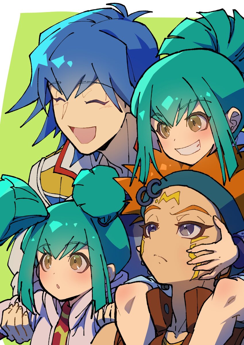 absurdres blue_hair brother_and_sister carrying child closed_eyes crow_hogan green_background green_hair high_ponytail highres hood hooded_jacket jacket lua_(yu-gi-oh!) luca_(yu-gi-oh!) medium_hair orange_hair parted_lips pink_jacket ponytail red_shirt shirt shoulder_carry siblings smile spiked_hair teeth upper_body youko-shima yu-gi-oh! yu-gi-oh!_5d&#039;s