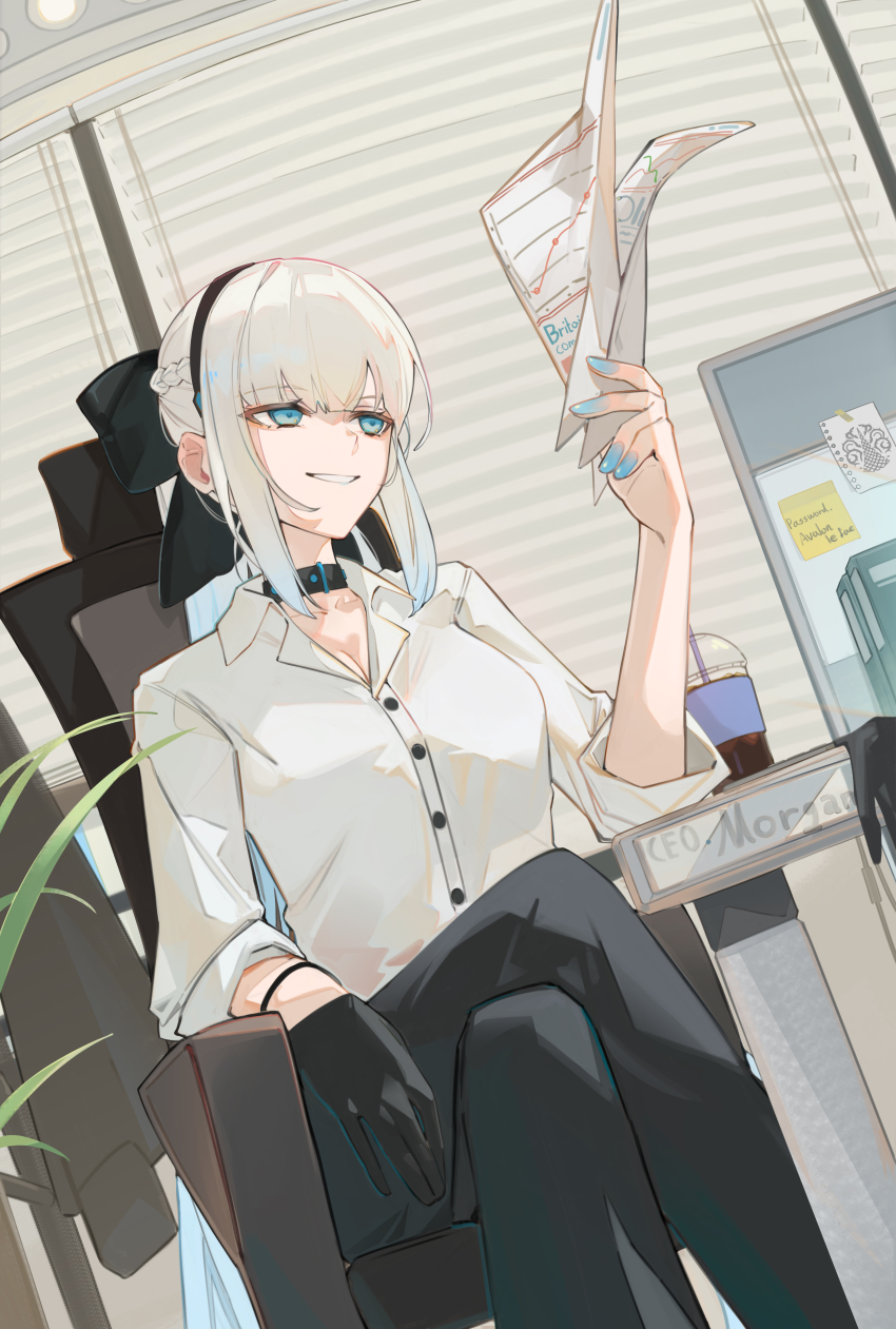 1girl absurdres belt black_bow black_pants blue_eyes bow braid breasts caat106 choker collared_shirt fate/grand_order fate_(series) grey_hair grin hair_bow highres large_breasts long_hair long_sleeves morgan_le_fay_(fate) pants ponytail shirt sidelocks sitting sleeves_rolled_up smile solo very_long_hair white_shirt