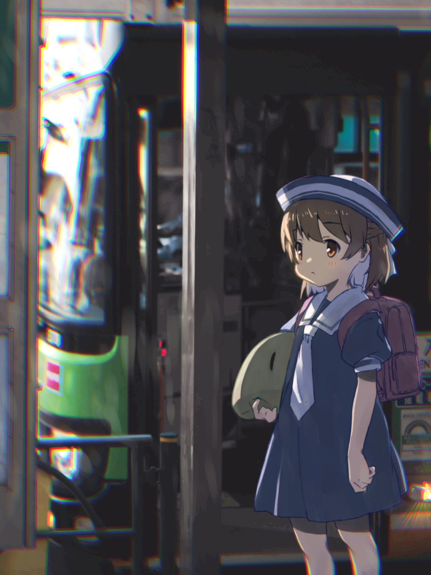 1girl akayama_yukihe bag blush brown_eyes brown_hair child clannad hat highres okazaki_ushio photo_background school_bag school_uniform short_hair short_sleeves solo